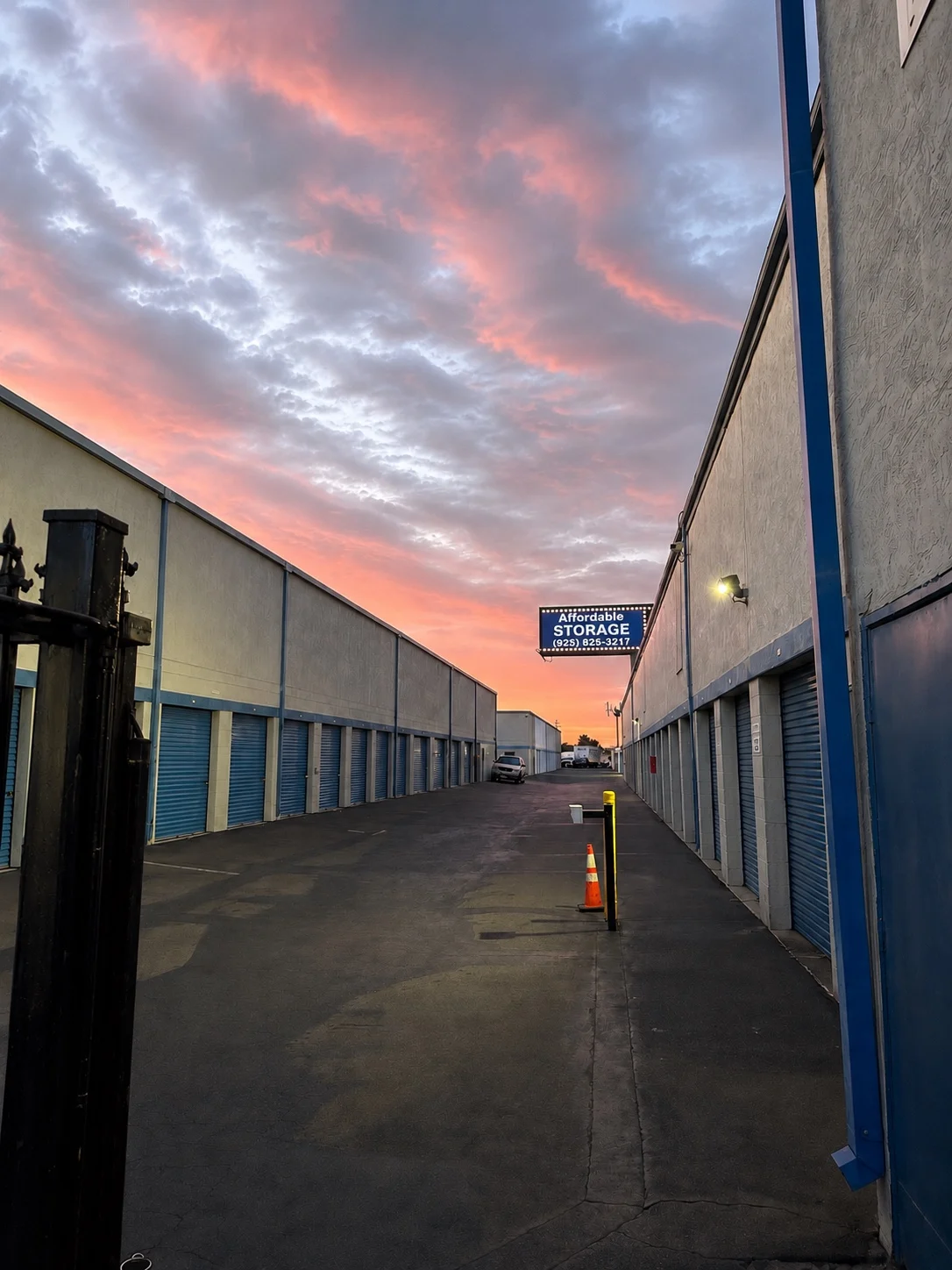 Sunset view of clean drive-up self storage units in Pacheco